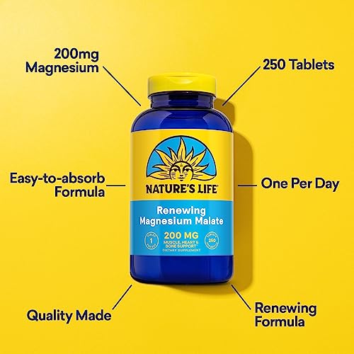 Nature&#39;s Life Renewing Magnesium Malate 200 mg - One Per Day - Muscle, Heart, Nerve Health, and Bone Support - Maximum Absorption - Lab Verified - 60-Day Guarantee - 250 Servings, 250 Tablets