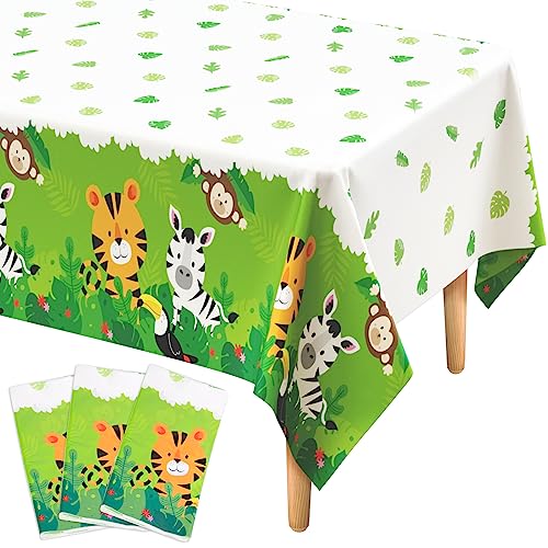 3 Pack Jungle Safari Tablecloths, Cute Jungle Table Cloth with Animal Print, 108 x 54 Wild One Birthday Table Covers, Zoo Party Decorations for Boys Kids Birthday, Baby Shower