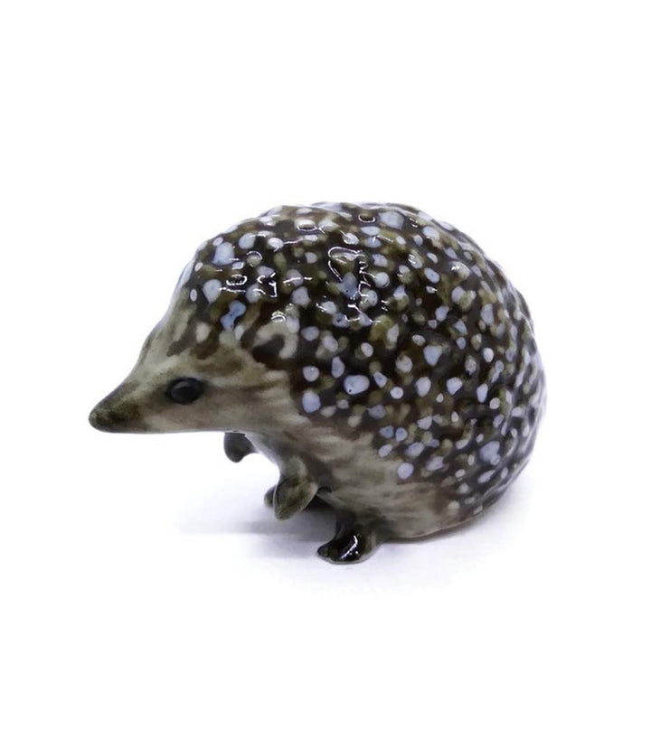 Tiny 1¼ Long Brown Sitting Hedgehog Figurine - Miniature Hand Made Painted Ceramic Porcupine Echidna Spiny Mammal Nocturnal Animals Porcelain Decorative Collectible Figurines Décor Gifts