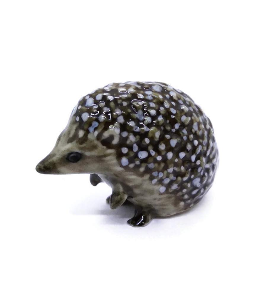 Tiny 1¼ Long Brown Sitting Hedgehog Figurine - Miniature Hand Made Painted Ceramic Porcupine Echidna Spiny Mammal Nocturnal Animals Porcelain Decorative Collectible Figurines Décor Gifts