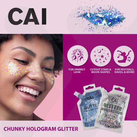 Body Glitter Gel- Face, Body &amp; Hair (1 Pk Silver) Chunky Iridescent Holograph Stars &amp; Moon, 3 oz | Cosmetic-Grade Makeup, Apply Without Glue, Easy to Take Off &amp; Keep Skin Clean - for Concerts, Raves