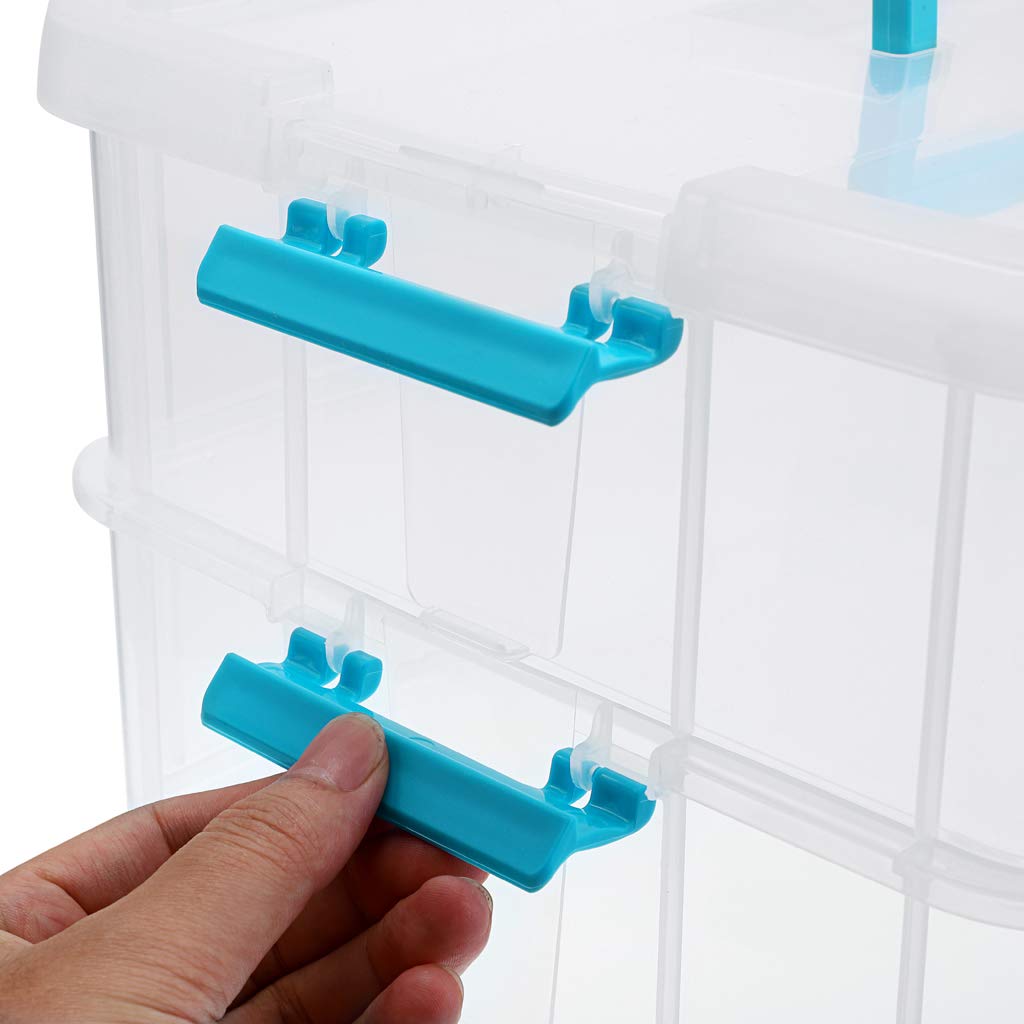 2-Tiers Stack Carry Storage Box With Handle, Transparent Stackable Storage Bin With Handle Lid Latching Storage Container for School &amp; Office Supplies (Blue)