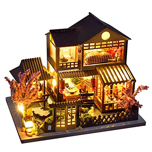 Dollhouse Miniature House Kit with Furniture, DIY Wooden Dollhouse Tiny House Building Set for Adults and Teens, Creative Room Decor Gift for Family and Friends (Japanese Garden House)