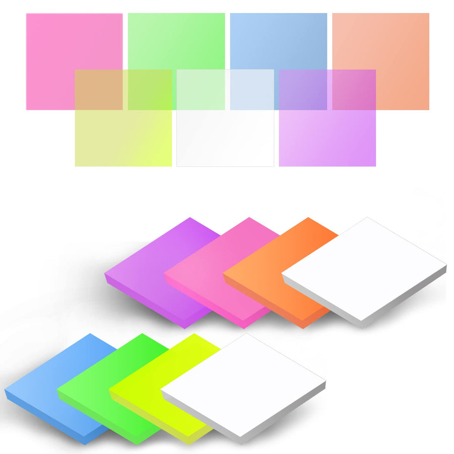 400 Sheets Transparent Sticky Notes, 3 x 3 inch Clear Self-Sticky Annotation, Waterproof Translucent Color Memo Pad, See Through Office & School Supplies, 50 Sheets Per Pad, 8 Pads in Total