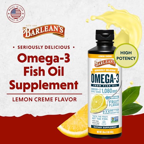 Omega 3 Fish Oil Liquid Supplement, Lemon Crème, 1080mg of Omega 3 EPA and DHA Fatty Acid, 16 oz