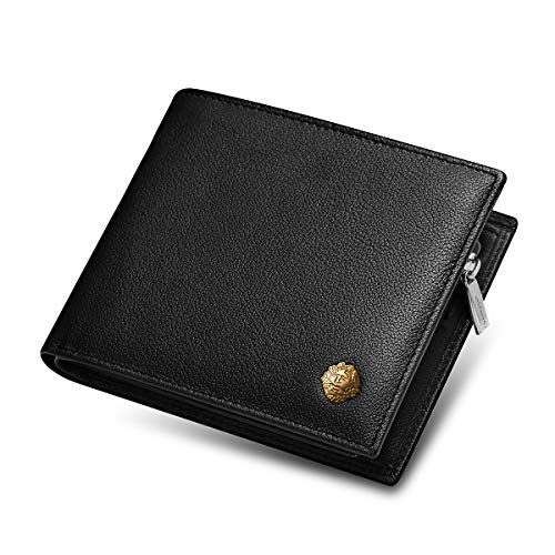 Leather Wallets for Men, Genuine Leather Gift Box Packaging Men's Short Wallet with Zipper Pocket Mens Bifold Wallet Credit Card Holder Casual Men Purse (Black)