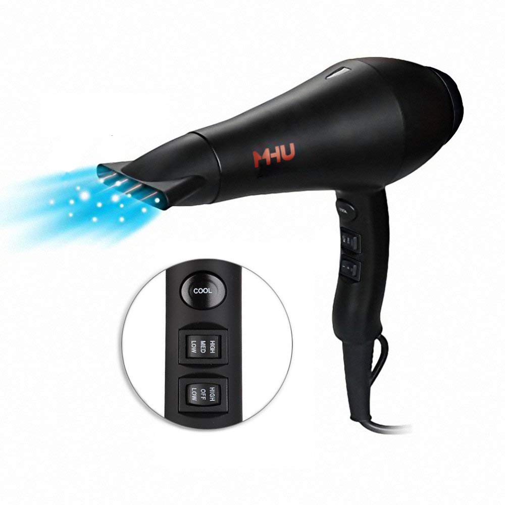 Blow Dryer 1875W Professional Infrared Ionic Hair Dryer 2 Speed and 3 Heat Settings Fast Drying Plus One Concentrator And One Diffuser (Black)