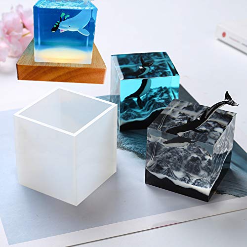 Square Light Resin Mold,LED Silicone Molds for Resin,Resin Silicone Molds with Wooden Lighted Base Stand for Resin Art,Home Decoration