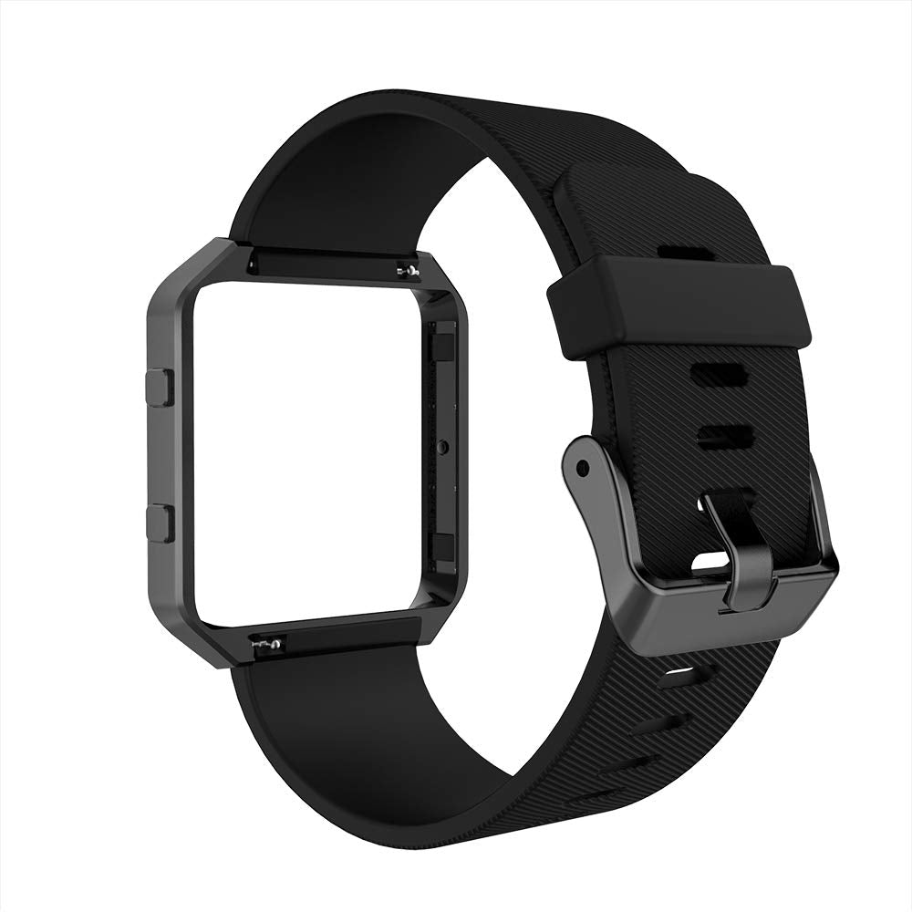 Sport Band Compatible with Fitbit Blaze Smartwatch Sport Fitness, Silicone Wrist Band with Meatl Frame Replacement for Fitbit Blaze Men Women, Large, Black Band+Black Frame