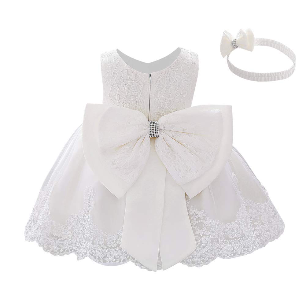 Baby Little Girls Formal Dress Lace Bowknot Baptism Embroidery Tulle Christmas Princess Pageant 1st Birthday Party Wedding Flower Girl Tutu Gown with Headwear White 6-9 Months