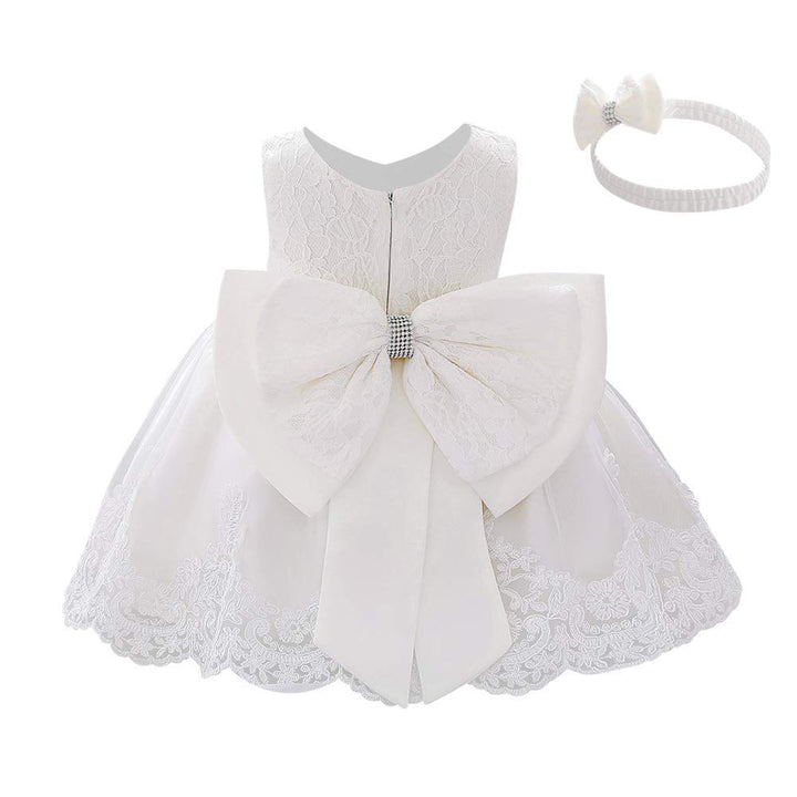 Baby Little Girls Formal Dress Lace Bowknot Baptism Embroidery Tulle Christmas Princess Pageant 1st Birthday Party Wedding Flower Girl Tutu Gown with Headwear White 6-9 Months