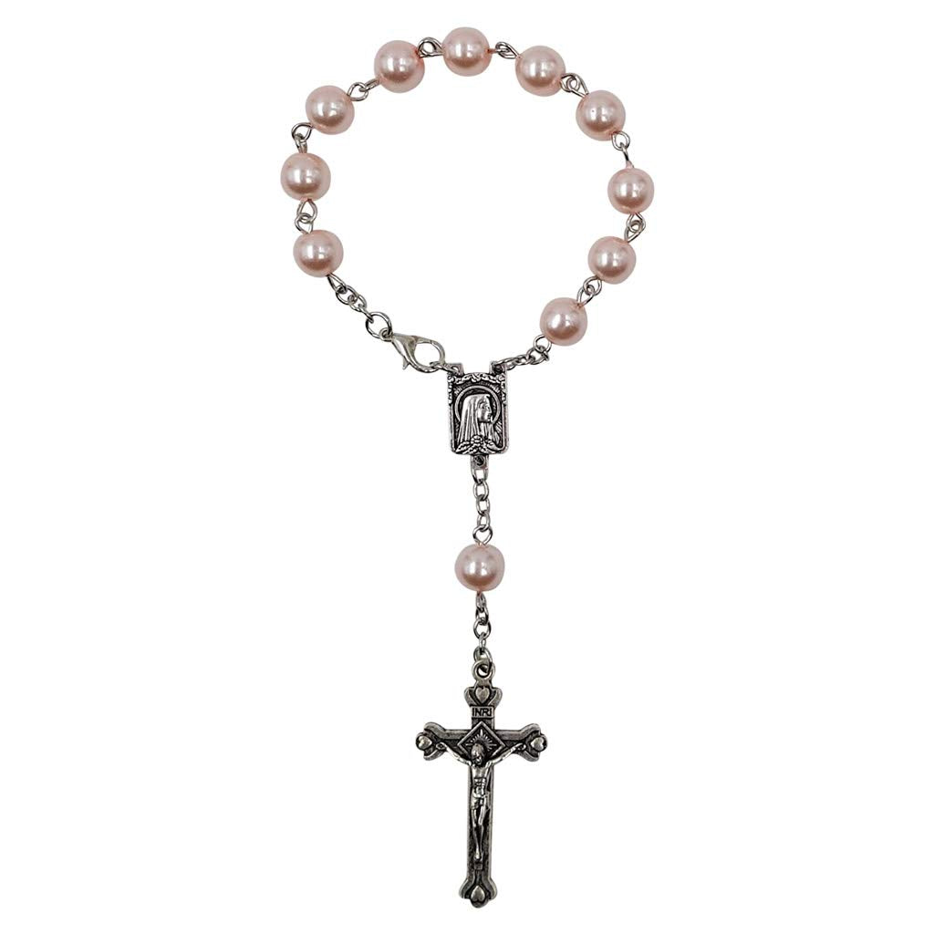 One Decade Auto Rosary for Rearview Mirror Pink Pearl Glass Beads Catholic Bracelet Our Lady of Lourdes Centerpiece Religious Gift Car Truck Travel Protection
