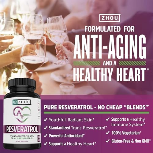 Zhou Resveratrol Supplement | Healthy Aging, Immune System &amp; Heart Health Support | Powerful Antioxidant Benefits | 30 Servings, 60 Veg Caps