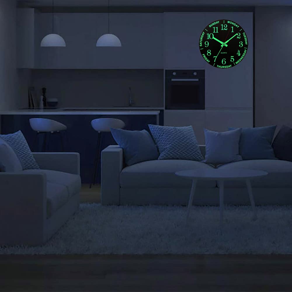 Luminous Wall Clock, 12&#39;Wooden Silent Non-Ticking Glow in The Dark Clock, with Luminous Function Numbers and Hands, Battery Powered Day Week Wall Clock for Bedroom, Living Room, Kitchen