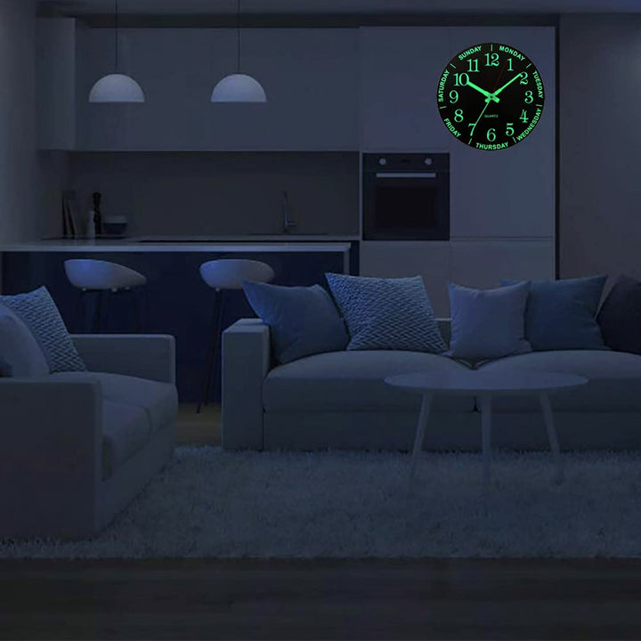 Luminous Wall Clock, 12&#39;Wooden Silent Non-Ticking Glow in The Dark Clock, with Luminous Function Numbers and Hands, Battery Powered Day Week Wall Clock for Bedroom, Living Room, Kitchen