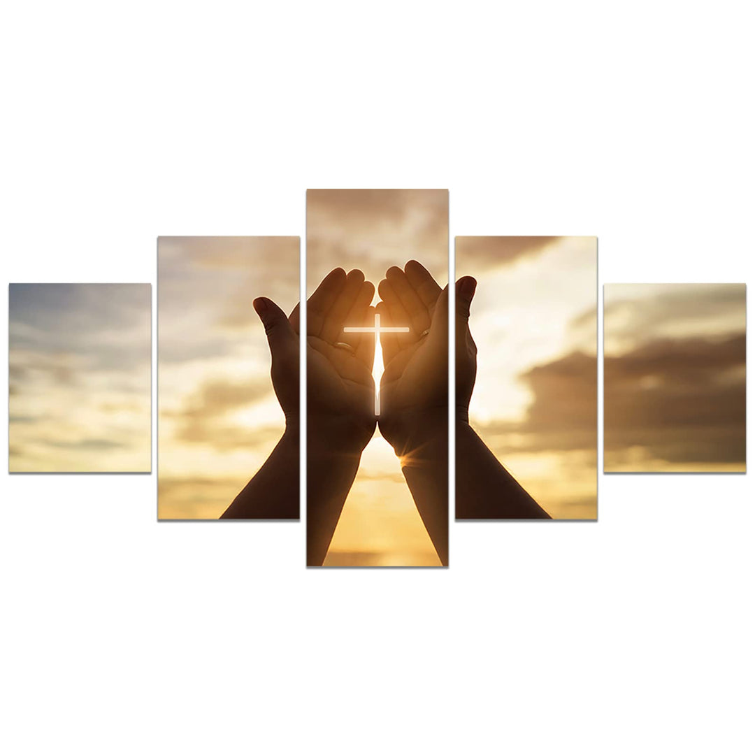 Jesus Christ Canvas Wall Art Jesus Hands Prayer Cross in Hands Poster 5 Pieces Artwork Painting for Living Room Home Decoration Suitable for Church(Unframed,YSWL-06)