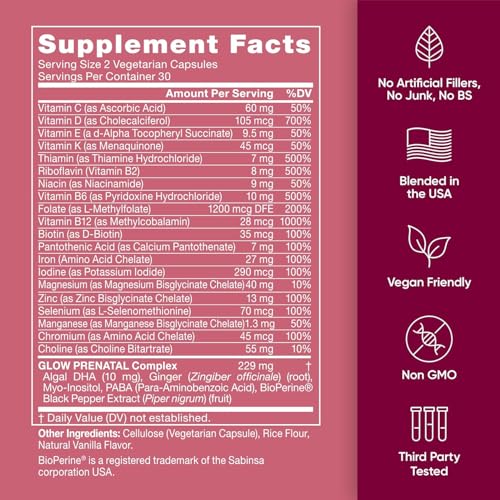 Glow Prenatal Vitamins for Women – 20-in-1 Vital Nutrients for Healthy Pregnancy and Fetal Development – Folic Acid &amp; Vegan DHA For Baby&#39;s Growth &amp; A Comfortable Pregnancy – 60 Nourishing Capsules