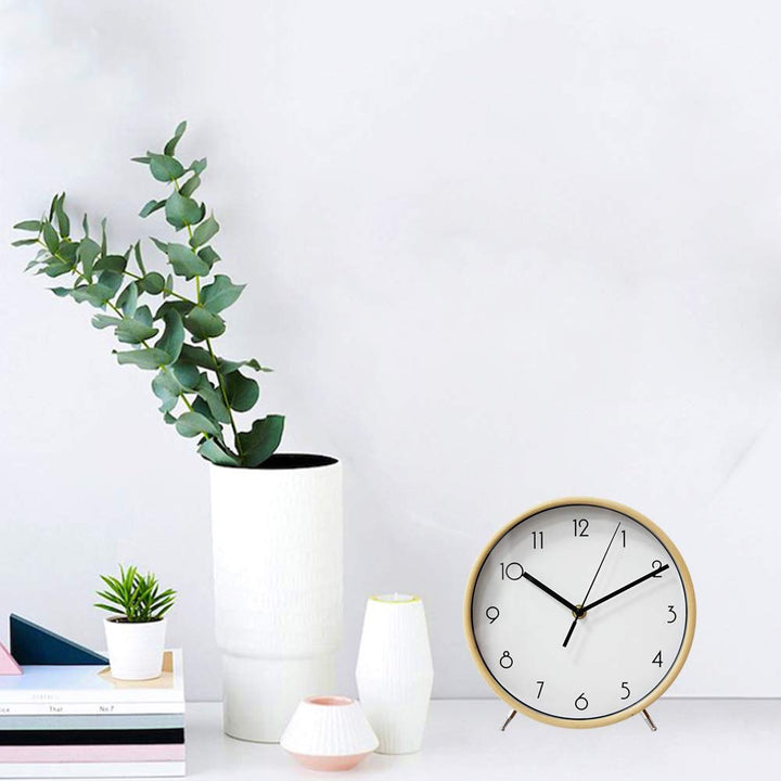 Justup 8 Inch Wood Table Clock,Non-Ticking Table Desk Clock Battery Operated with Sweep Quartz Movement HD Glass Large Numerals Decorative for Bedroom Living Room Kids Room (White)