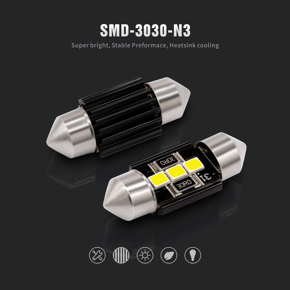 N3 DE3175 LED bulbs Pure white Super Bright LED Festoon 300 Lumens 3030 Chipset for Car Truck Interiors Dome Map Door Courtesy Lights 1.25” 31MM Festoon Pack of 6 Bulbs