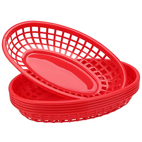 6Pcs Red-Oval Plastic Fast Food Serving Baskets, 9.4in x 5.9in, Great for Burgers, Fries, Sandwiches, Dishwasher and Microwave Safe