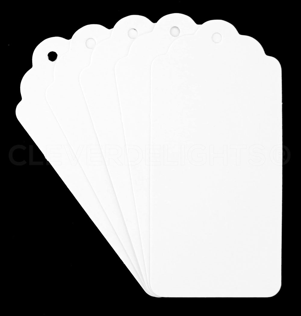 100 White Kraft Gift Tags - Scalloped Hang Tag - 3.75 x 1.75 inch - For Gifts, Crafts, Party Favors, Price Tags - Thick Heavy Duty