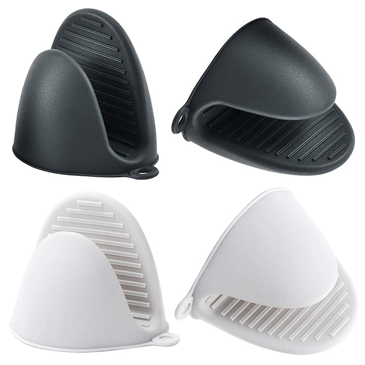 2 Pairs Silicone Mitts Double Finger Grip Mini Mitt Pot Holders Pot Pinch Grip Microwave Frying Pans Anti-scalding Gloves Griddles Mittens Clips for Kitchen Cooking Baking BBQ, White Black