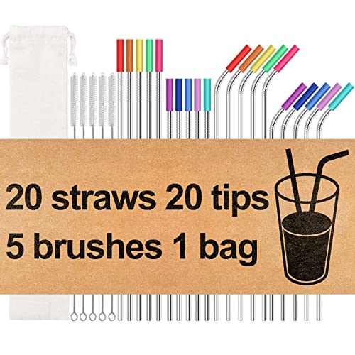 20 Pack Reusable Stainless Steel Metal Straws,10.5 &amp; 8.5 Reusable Drinking Straws with 20 Silicone Tips 5 Straw Brushes 1 Travel Case,Eco Friendly Extra Long Metal Straw Fit for 20 24 30 oz Tumbler