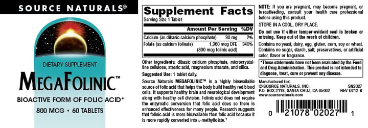 Source Naturals MegaFolinic 800mcg - 60 Tablets