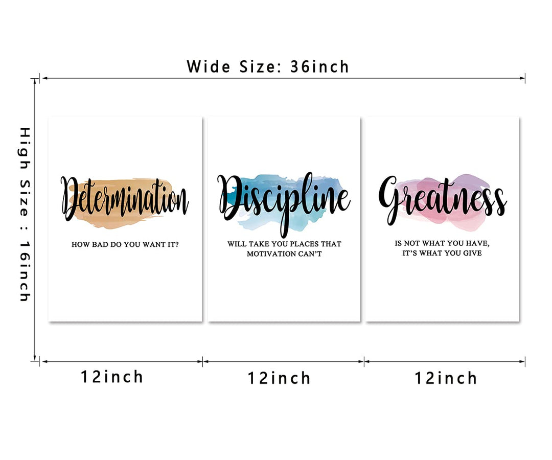 Motivational Office Wall Art - Determination Discipline Greatness Inspirational Wall Decor Positive Quotes Posters Entrepreneur Pictures Success Artwork for Home Study Room Decor (12x16x3Pcs)