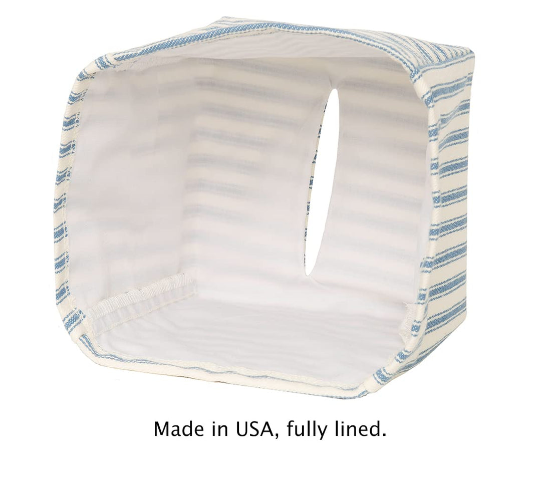 Fabric Tissue Box Cover, Tissue Holder Slipcover, Slips Over Square Cube Cardboard Facial Tissue Boxes -Decorative Blue Bathroom Decor Ticking Stripe, Cotton, Lined