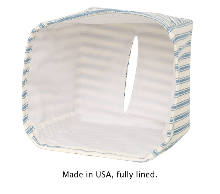 Fabric Tissue Box Cover, Tissue Holder Slipcover, Slips Over Square Cube Cardboard Facial Tissue Boxes -Decorative Blue Bathroom Decor Ticking Stripe, Cotton, Lined