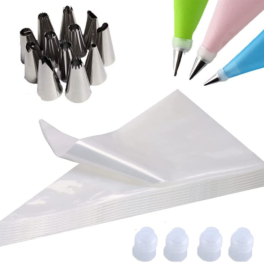 Pastry Bags 100pcs Cupcake Icing Bags Piping Bag Disposable Cake Decorating Bags 16 inch with 12 tips and 4 couplers