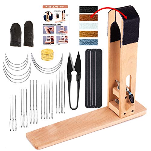 Leather Sewing Pony - Table Desktop Pony Horse Clamp with Big Eyes Sewing Needles Instruction Nail Files Replaceable Leather Patch for DIY Leather Hand Stitching