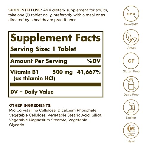 Solgar Vitamin B1 (Thiamin) - 100 Tablets - Super Potency, 500mg Formula - Non-GMO, Vegan, Gluten Free, Kosher, Halal - 100 Servings