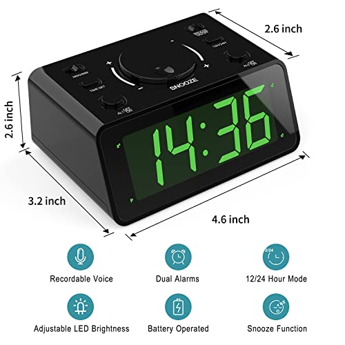 Digital Clock, Dual Alarm, Personalized 15S Recording, 12/24Hr, 3-Level Led Brightness, Battery Operated, Snooze, Alarm Clock for Heavy Sleepers Adults, Clock for Bedroom Kitchen Office