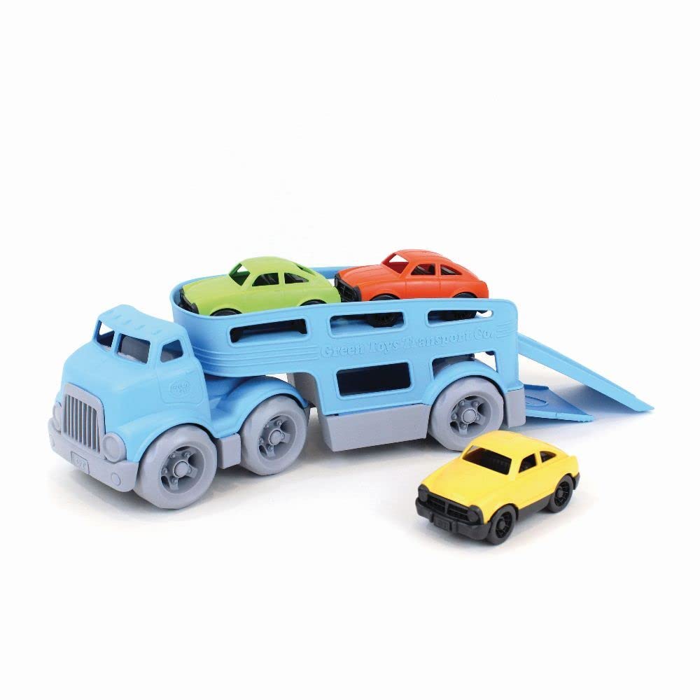 Car Carrier, Blue - Pretend Play, Motor Skills, Kids Toy Vehicle. No BPA, phthalates, PVC. Dishwasher Safe, Recycled Plastic, Made in USA (4 Piece Set)