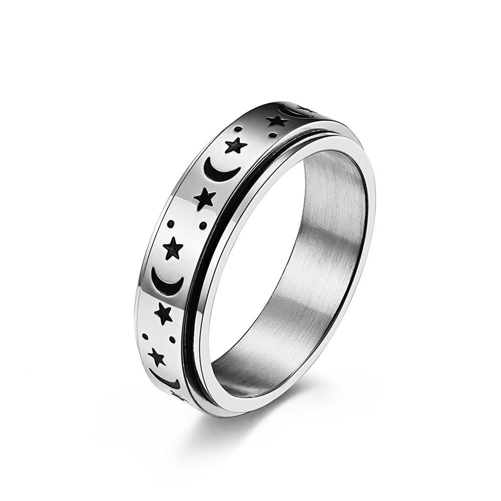Black Moon Star Rotatable Titanium Stainless Steel Fidget Band Rings for Women Men Dainty Anti Anxiety Stress Relief Spinner Rings Minimalist Statement Promise Couple Rings for Boyfriend Girlfriend Son Daughter Christmas New Year Gifts (6mm Silver, 8)