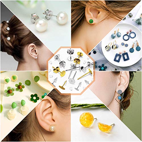Hypoallergenic Earring Posts and Backs, 2000pcs Stud Earring Making Kit with Earring Base and Earring Backs for Leather Stud, Clay, Pearl Jewelry Making (Gold &amp; Silver)