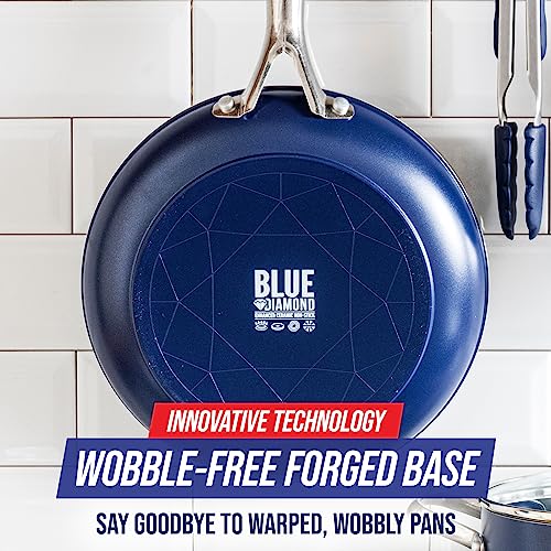 Cookware 10 Frying Pan Skillet, Diamond Infused Healthy Ceramic Nonstick, PFAS and PFOA-Free, Dishwasher and Oven Safe, Even Heating, Metal Utensil Safe, Warp Control Base, Blue