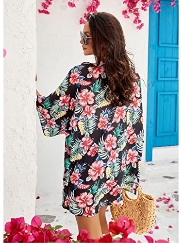Women&#39;s Boho Chiffon Floral Kimono Cover Ups Thin Summer Lightweight Cardigans Boho Beach Sheer Tropical Hawaiian Shirts Tops Maternity Black Medium