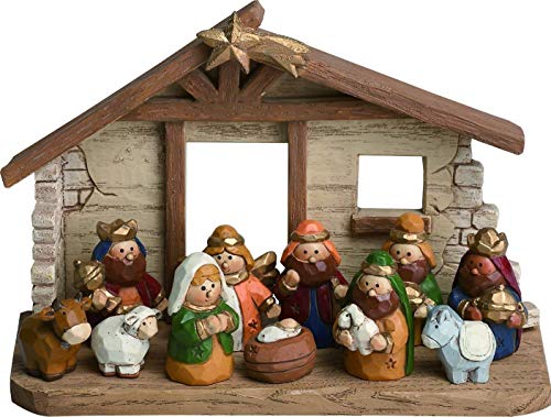 Miniature Kids Nativity Scene with Creche, Set of 12 Re