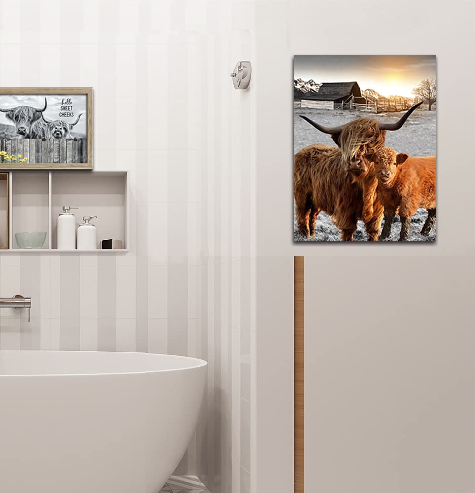 Highland Cow Bathroom Decor Cow in Bathtub Wall Art Funny Animal Canvas Print Longhorn Wall Decor Farmhouse Artwork Stretched and Framed Ready to Hang 12x16inch