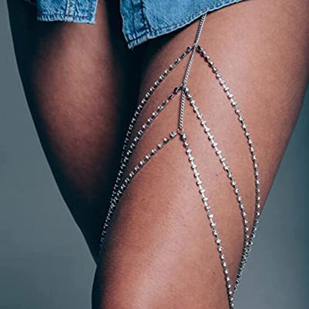 Boho Crystal Sexy Leg Chains Gold Body Chains Multilayer Beach Thigh Chain Fashion Body Jewelry for Women and Girls (silver)