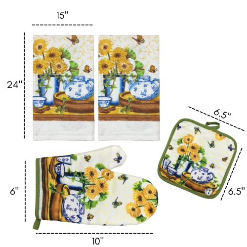 Kitchen Sunflower Dishtowel and Oven Mitts Set | Sunflower Kitchen Décor and Accessories| Sunflower Tea Towels with Oven Mitts and Pot Holders Sets | Sunflower Kitchen Towels Set with Mitts