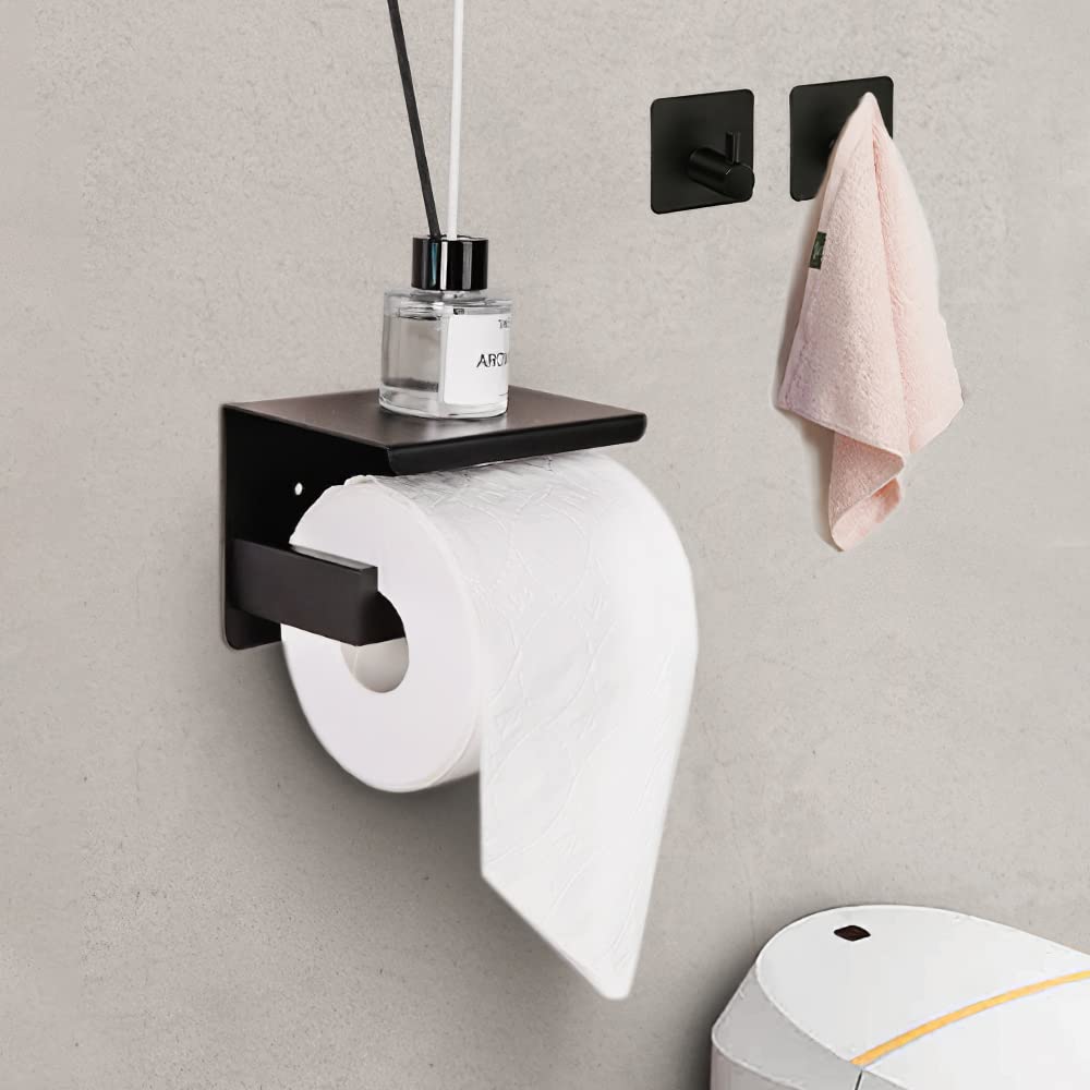 Toilet Paper Holder, Self Adhesive Matte Black Modern Square Bathroom Toilet. Paper Holder Wall Mount