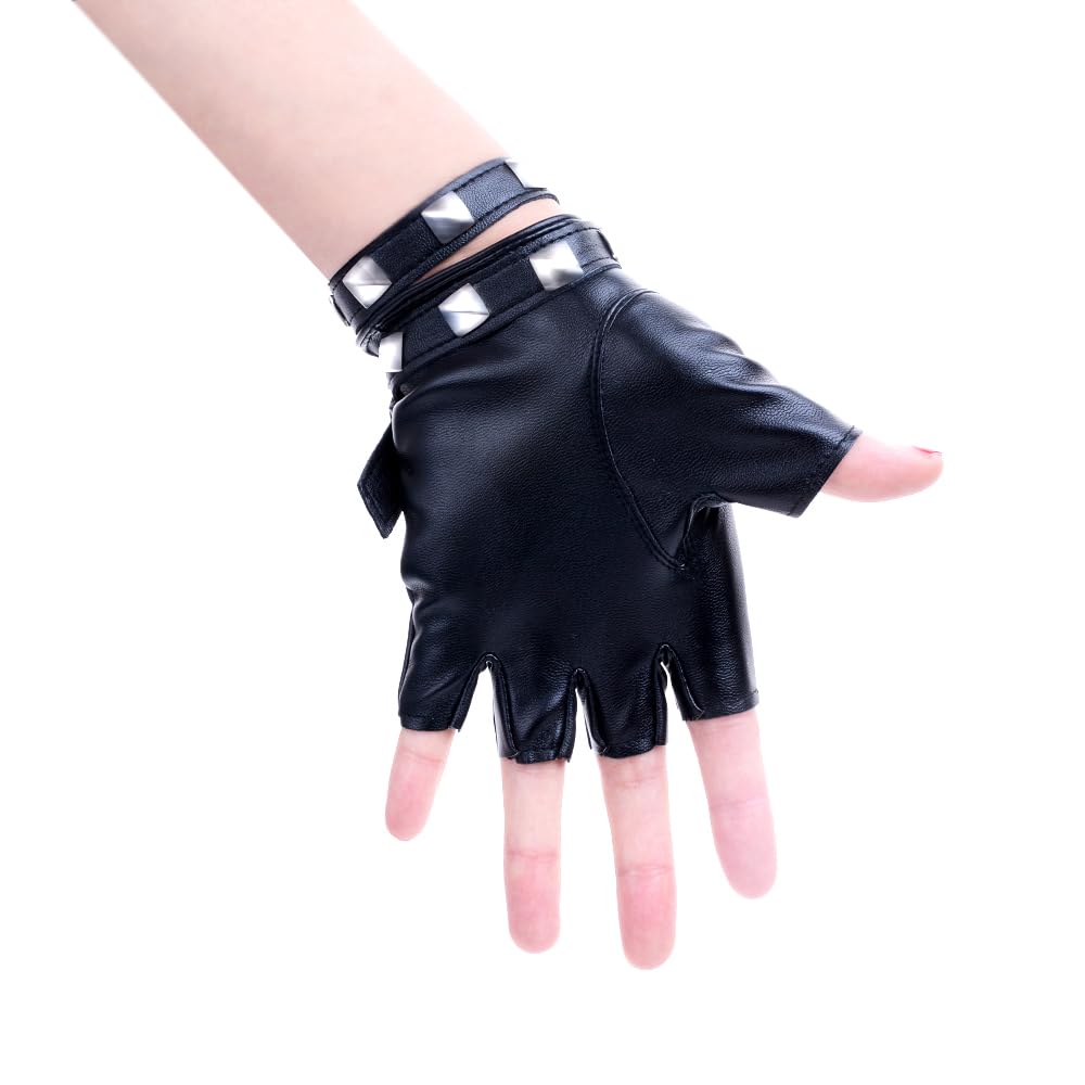Women Punk Belt Up Half Finger PU Leather Performance Gloves Black
