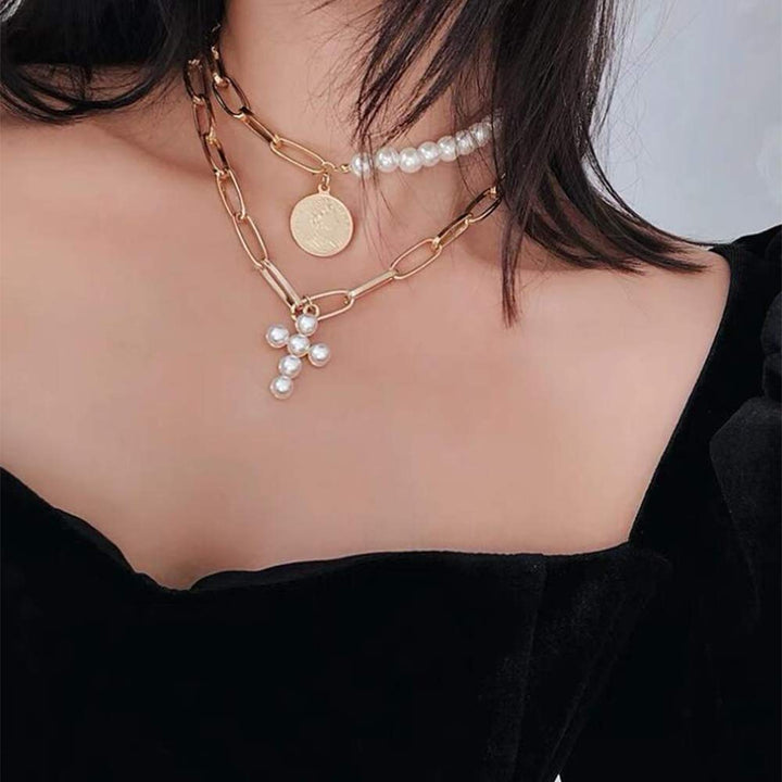 Bohemia Layered Choker Necklace Pearl Cross Necklace Coin Neckalce Gold Disc Coin Pearl Cross Charm Pendant Necklace for Women and Girls