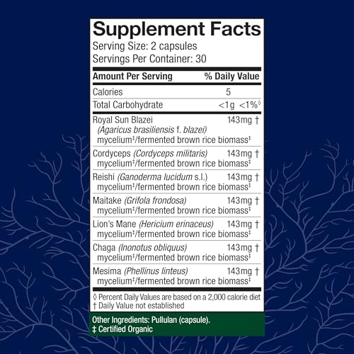 Stamets 7-7 Species Blend - Mushroom Supplement for Immune Support - Includes Royal Sun Blazei, Cordyceps, Reishi, Maitake, Lion's Mane, Chaga & Mesima - 60 Capsules (30 Servings)*
