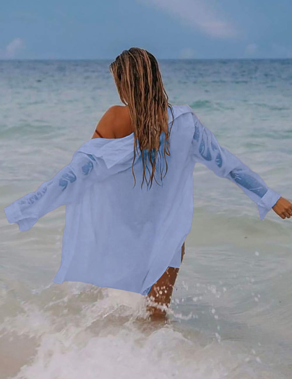 Long Sleeve Beach Shirt Blouses Women Turn Down Collar Bikini Bathing Suit Cover Ups Swimwear Cyan