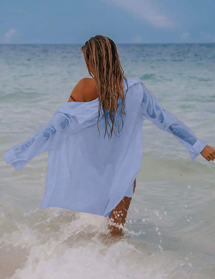 Long Sleeve Beach Shirt Blouses Women Turn Down Collar Bikini Bathing Suit Cover Ups Swimwear Cyan
